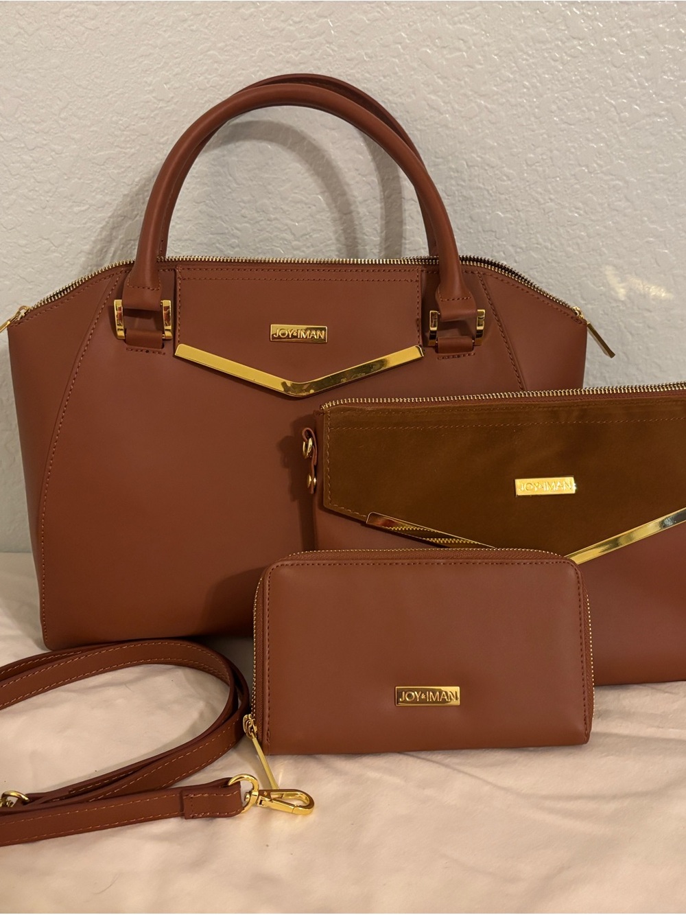 Joy & Iman Brown 3-Piece Satchel, Wallet & Wristlet Set